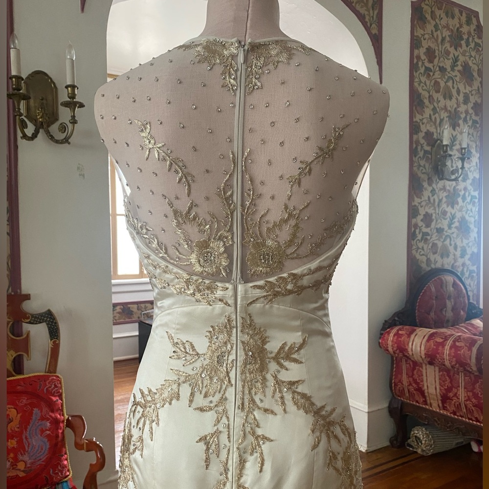 Reem Acra Ivory Satin Bridal Gown with Gold Embroidery and Long Train - Picture 10 of 17